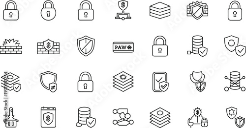 Cyber security and data protection line icon set featuring locks shields firewall encryption privacy and secure network symbols