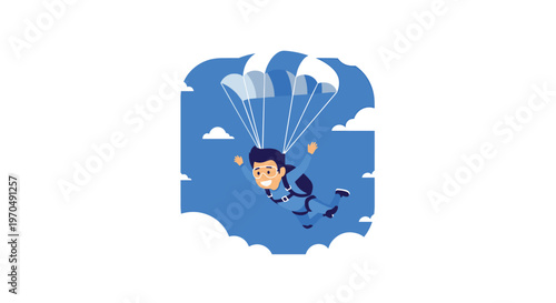 A happy cartoon skydiver wearing a blue jumpsuit and white goggles floats through a bright blue sky with fluffy white clouds inside a rounded frame.
