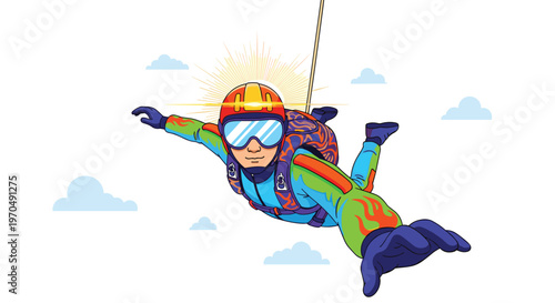 A daring skydiver in a vibrant neon green and blue suit with orange flame patterns falls through the sky with arms outstretched and goggles on.