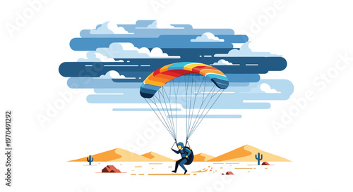 A lone paraglider drifts gracefully over a wide desert expanse featuring rolling sand dunes and small cacti beneath a layered blue and white sky.