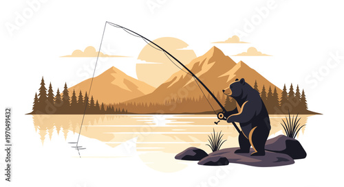 A majestic black bear patiently fishes in a tranquil mountain lake during a golden sunset with towering pine trees and distant peaks in the background.
