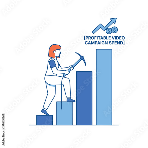 Woman climbing bar graph with pickaxe for profitable video campaign spend.