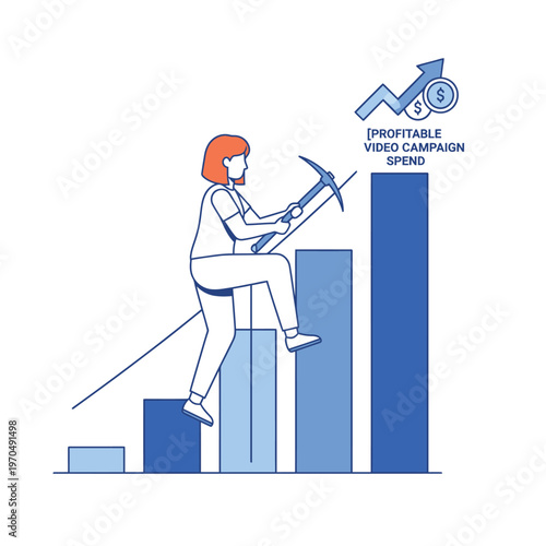 Woman climbing bar graph with pickaxe towards profitable video campaign.