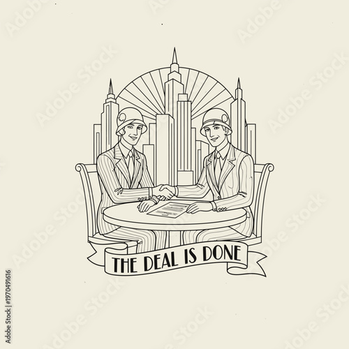 Two people shaking hands over a deal illustration.