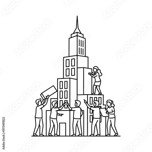Teamwork building a skyscraper together illustration.