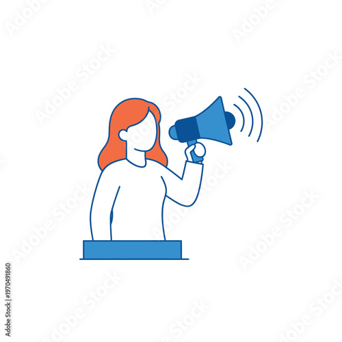 Woman holding a megaphone announcing important news.