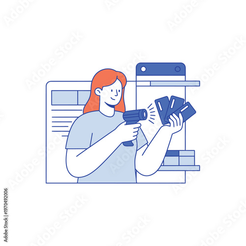 Woman holding color swatches and scanner in front of screen.