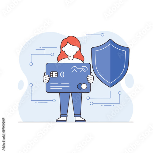 Woman Holding Credit Card with Security Shield.