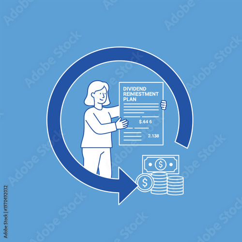 Woman holding dividend investment plan with money stack.