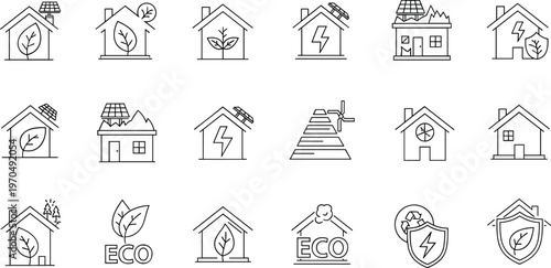 Eco friendly homes and renewable energy line icon set featuring green house solar panels sustainability and environmental protection symbols