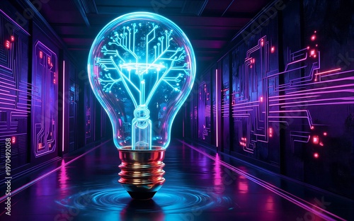 Glowing light bulb with circuit tree neon corridor of tech pathways.