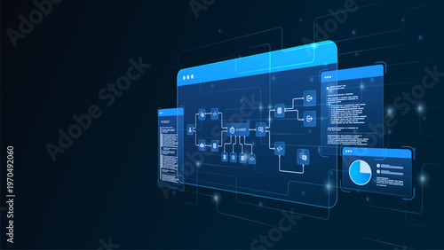 AI workflow automation artificial intelligence. ai agent network diagram dashboard system processing flow with automation pipelines, analytics dashboards, code modules and automation system.