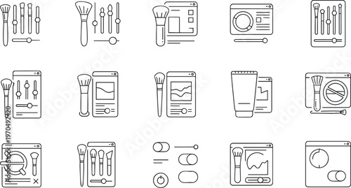 Beauty app interface and cosmetic tools line icon set featuring makeup brushes sliders settings panels and digital UI controls