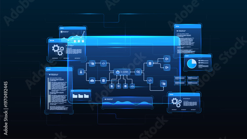 AI workflow automation artificial intelligence. ai agent network diagram dashboard machine learning architecture data pipelines, coding panels, analytics panels and automation system.