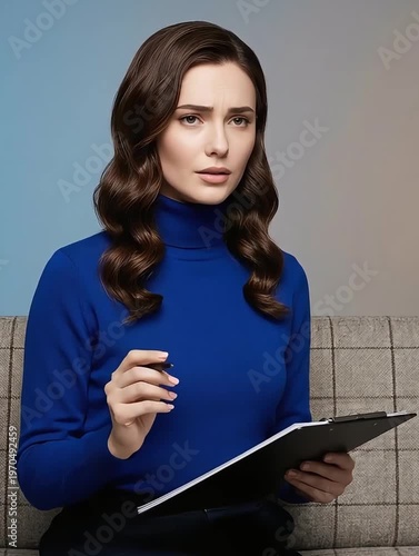 Studio Portrait of Woman in Blue Turtleneck Holding a Pen