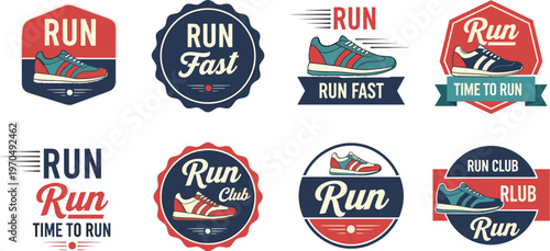 A collection of vintage style badges and emblems featuring running shoes typography and motivational text for athletic events high quality professional detailed modern