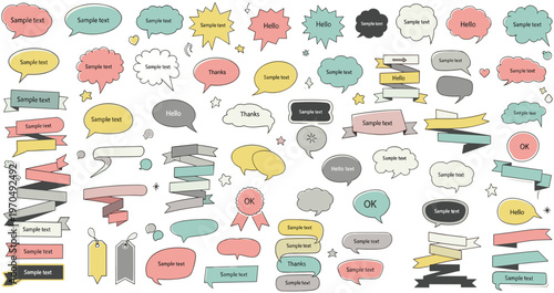 A colorful assortment of various speech bubbles ribbons tags and starburst shapes are scattered across a white background high quality professional detailed modern
