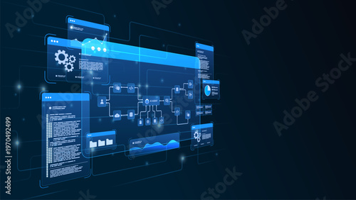 AI workflow automation artificial intelligence. ai agent network diagram dashboard machine learning architecture data pipelines, coding panels, analytics panels and automation system.