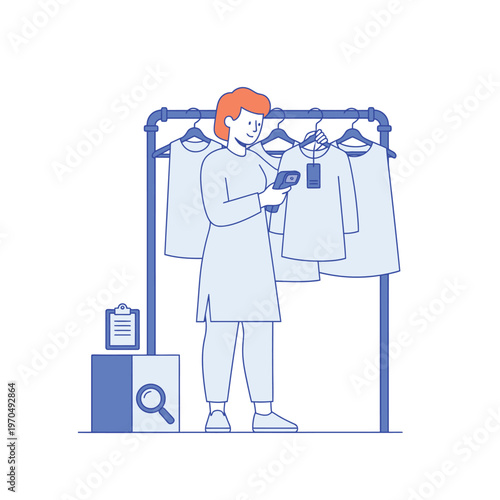Woman Inspecting Clothes on a Rack with a Scanner.