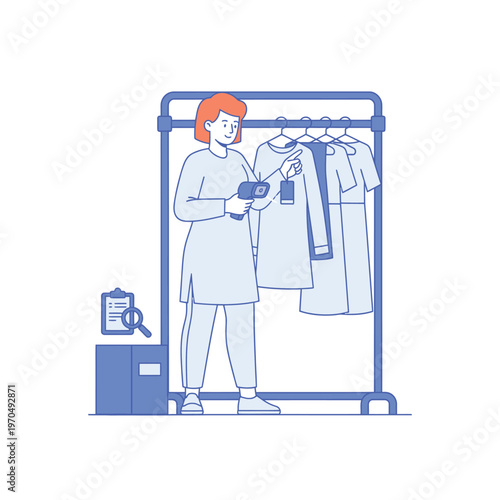 Woman Inspecting Clothing on Rack with Scanner.