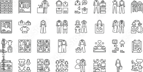 Clothing collection and fashion retail line icon set featuring outfits wardrobe styling shopping bags and apparel display symbols