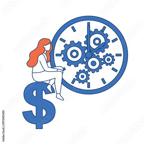 Woman Sitting on Dollar Sign with Clock Gears.