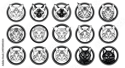 Cat breed vector icon set: siamese, bengal, maine coon, sphynx, british shorthair, scottish fold.