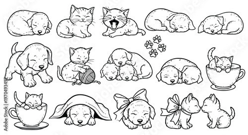 Cute puppy and kitten doodle collection: sleeping animals, playing, paw prints, pets in cups.