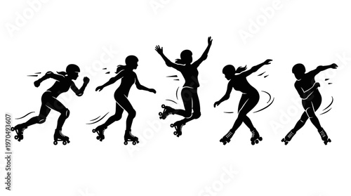 Group of people roller skating in a line during an outdoor sport activity.