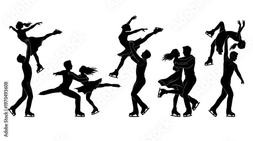 Group of silhouettes performing dynamic poses and dances in a lively outdoor scene.