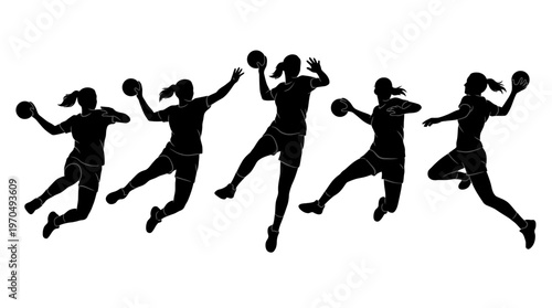 Silhouetted group of joyful people jumping in the air against a white background.