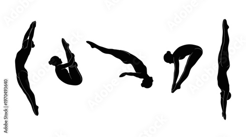 Silhouetted figures in varied athletic poses captured in motion and balance.