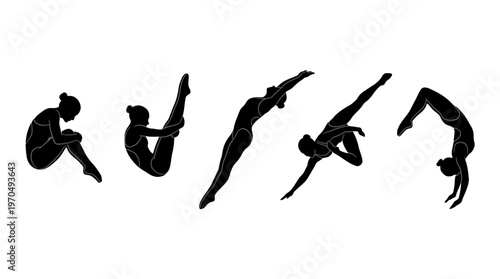 Silhouettes of Dancers in Dynamic Motion Across a Stage.