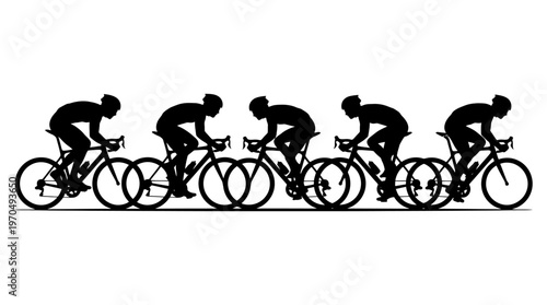 Five silhouetted cyclists race in a close line, displaying dynamic movement and intense concentration during a competitive cycling event.