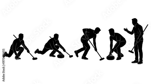 Series of silhouette figures showing progressive ice hockey actions along a line in different poses.