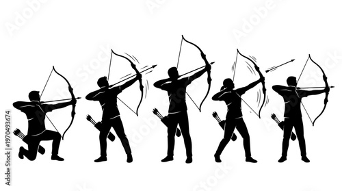 Series of silhouetted archers drawing bows in a row during practice and competition.