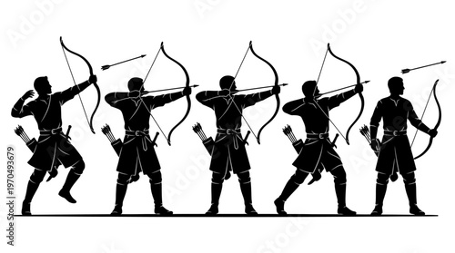Silhouetted archers in a synchronized lineup displaying archery skill and precision.
