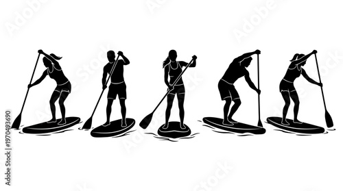 Five silhouettes paddleboarding in a row during an outdoor group sport activity.