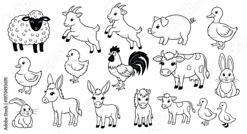 Farm animal characters collection featuring sheep goats pigs ducks and other livestock.