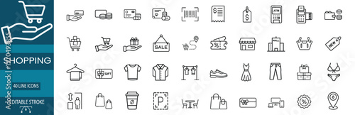 Business and shopping web line icons set featuring credit card, shopping bag, barcode scan, ATM machine, dress fashion, money wallet, and more Vector Illustration with editable stroke