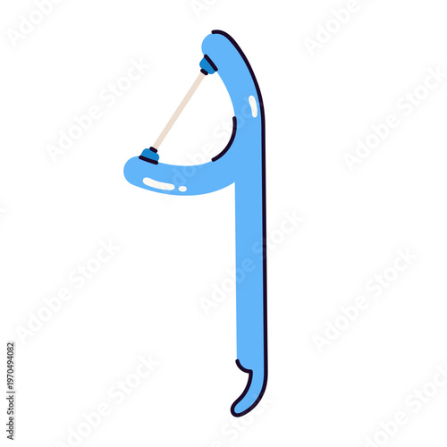 Flosser vector illustration. Dental thread with a plastic handle. Floss for cleaning teeth, interdental spaces, gums. Oral disease prevention, daily healthy care. Disposable tool, hand drawn clip art