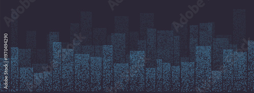 Abstract city skyline featuring pixelated blue buildings, evoking a digital cityscape theme.