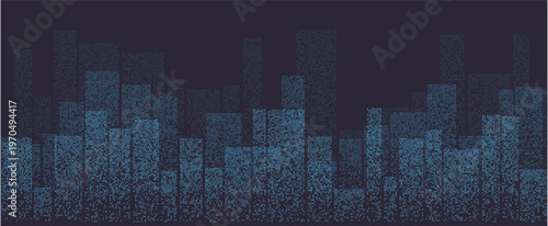 Futuristic city skyline composed of blue binary code, symbolizing technology and innovation.