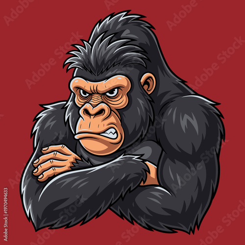 Angry gorilla with crossed arms looking.