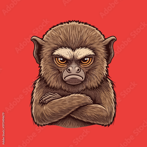 Brown monkey with crossed arms looking.