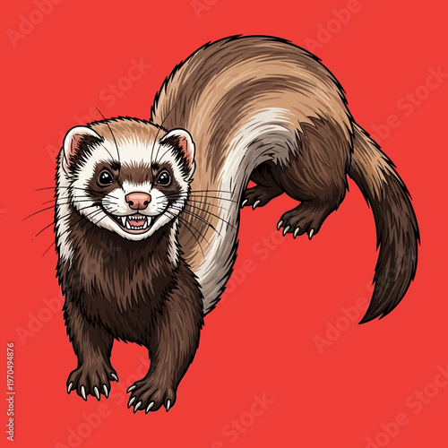 Ferret with white face markings standing.