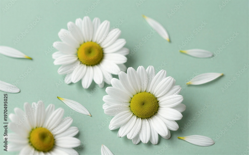 Fototapeta premium White daisies with yellow centers on soft green background petals