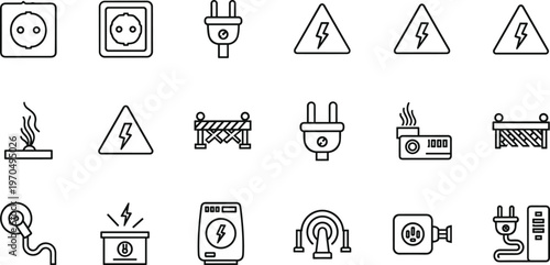 Electrical hazard and safety line icon set featuring plugs warning signs power outlets wiring and electricity danger symbols