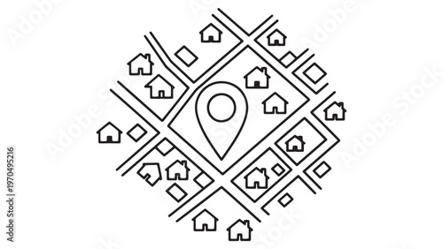 Outline map illustration with residential houses and a prominent location pin, symbolizing real estate search, home finding, and property navigation in a neighborhood.