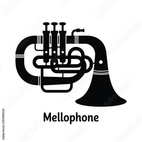 A stylized black and white illustration of a vintage mellophone